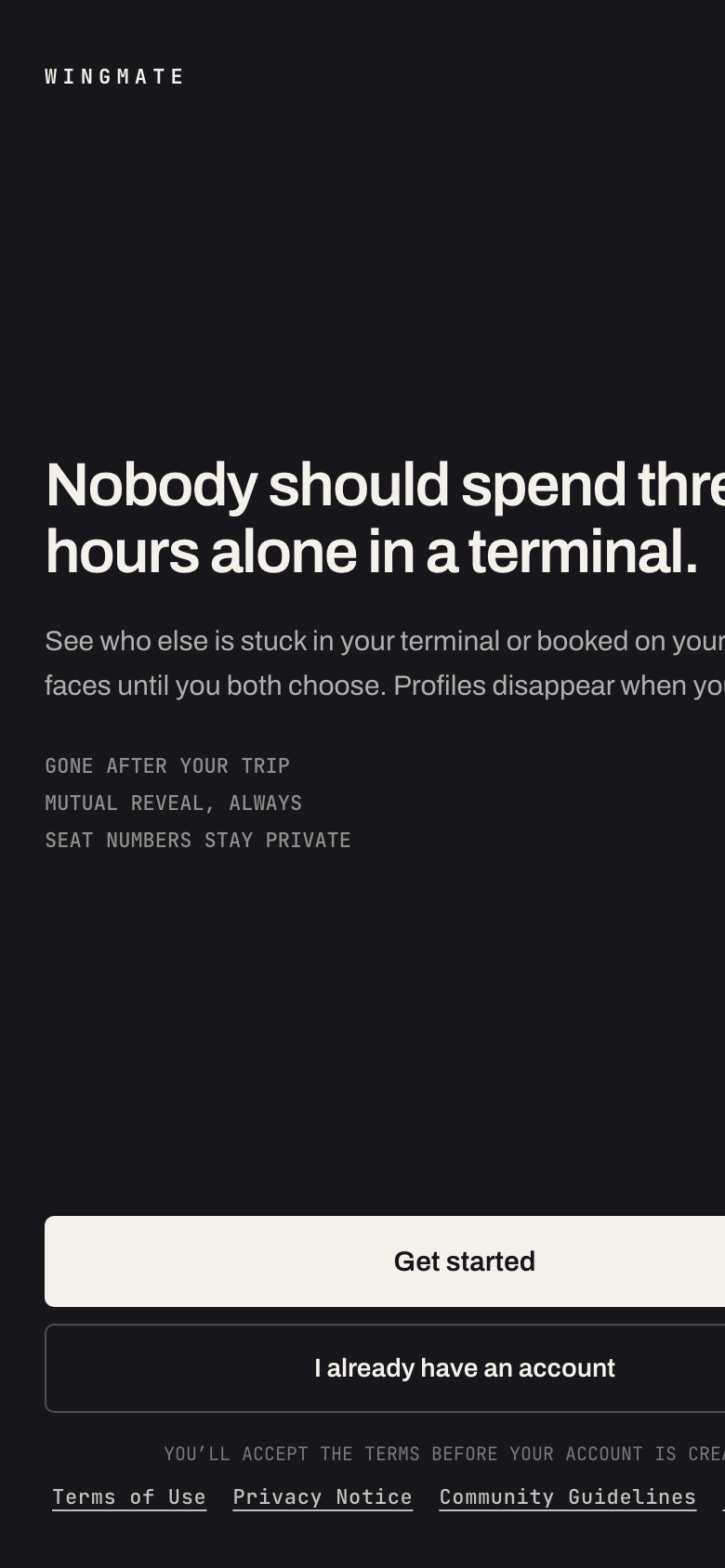 Wingmate app welcome screen